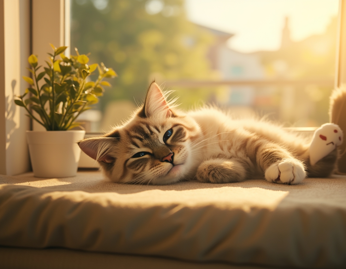 Relaxed cat lies on a sunlit windowsill, its fur glowing in the soft afternoon light. A small potted plant sits nearby, and the blurred background reveals trees outside.
